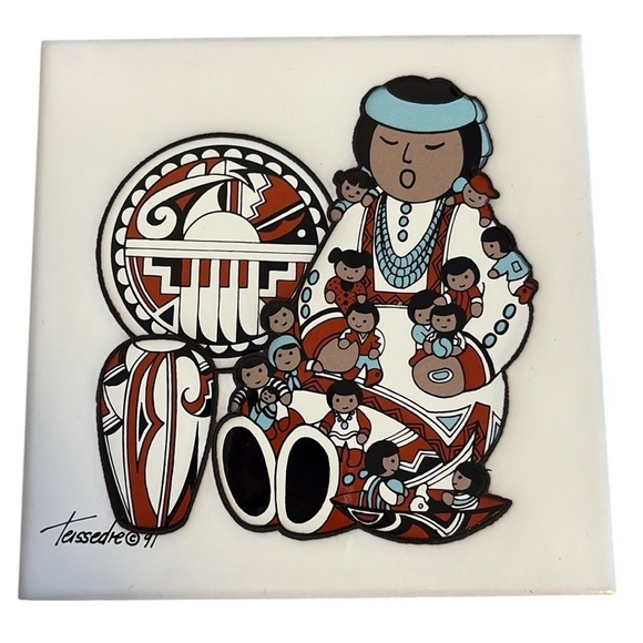 Vintage Storyteller Terracotta Trivet Cleo Teissedre 1991 White Multi - Picture 1 of 5